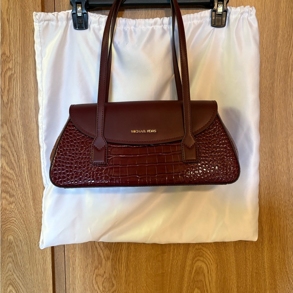 Michael Kors Burgundy Shoulder Bag with Croc-Embossed Leather